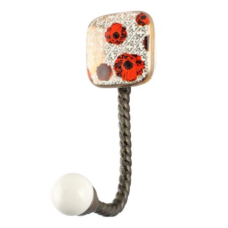 Red Flower Square Ceramic Wall Hook in Antique Fitting